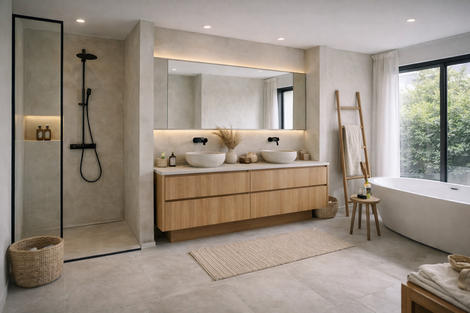 Perspective salle de bain La Rochelle micro-ciment double vasque bois